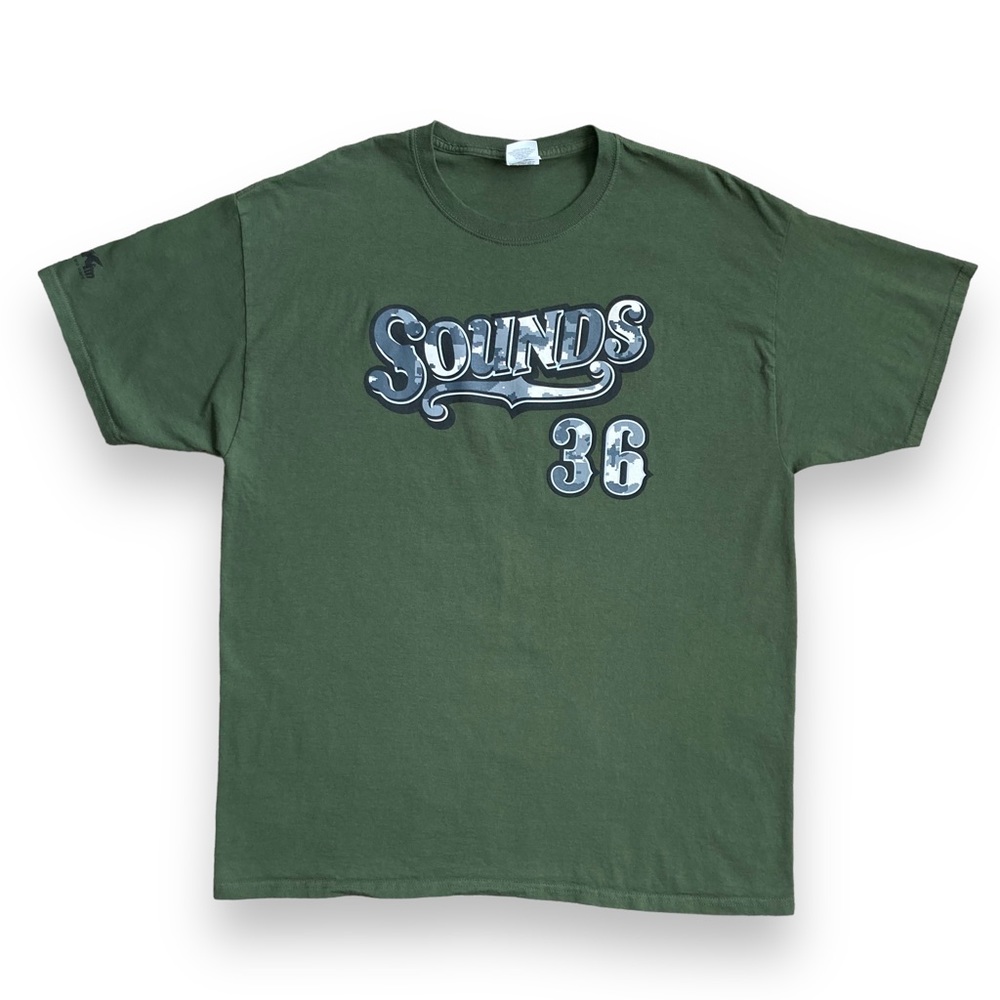 Fruit of the Loom Nashville Sounds baseball army green camo Maxwell jersey shirt